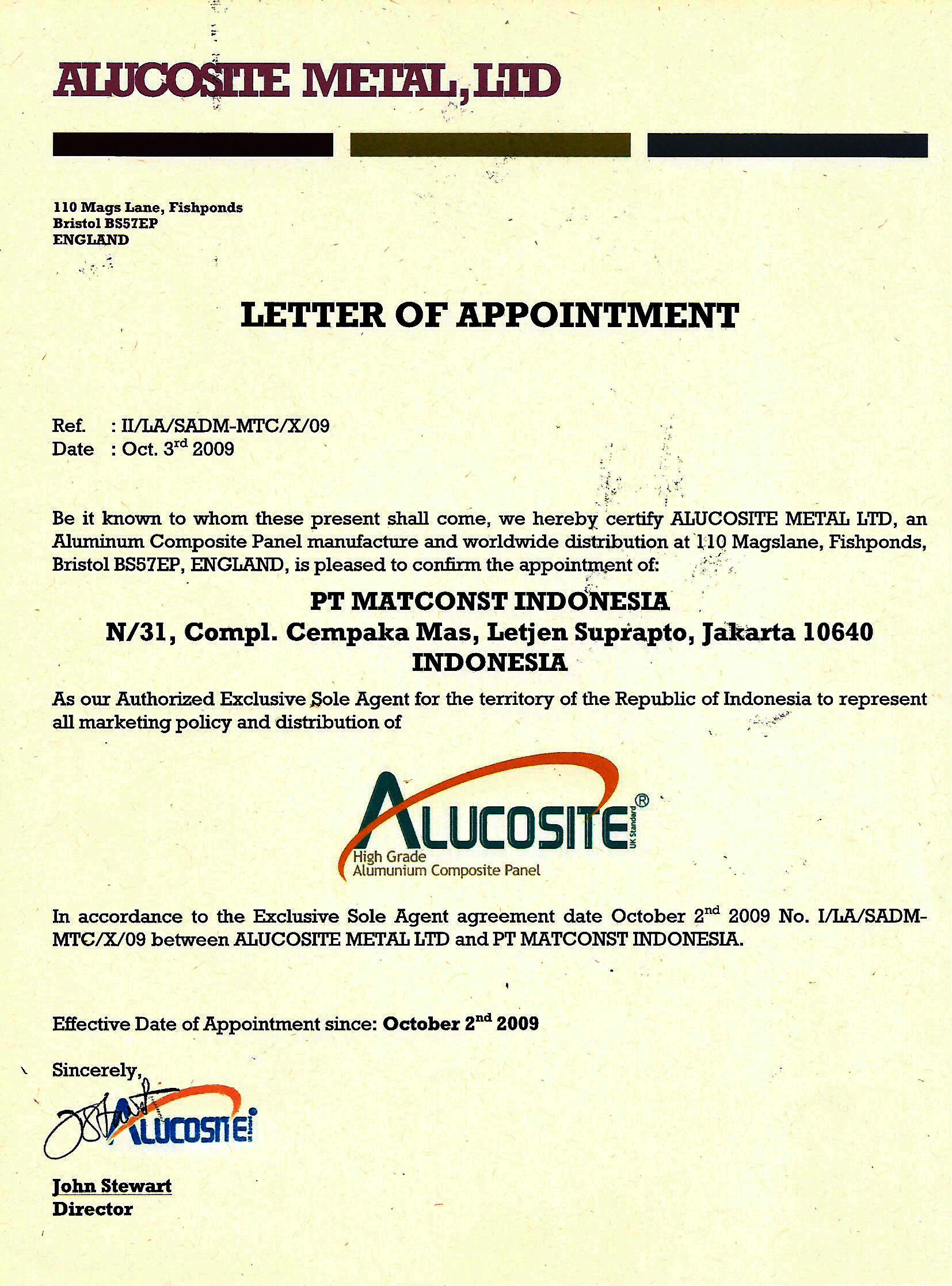 Alucosite Letter of Appointment Certificate